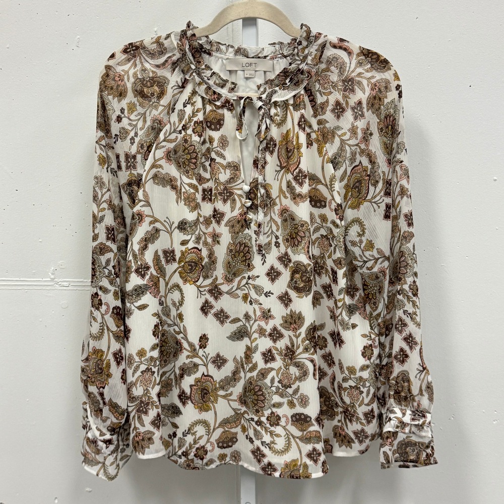 Loft Women's Paisley Floral Ruffle Neck Keyhole Blouse Cream Brown Size M